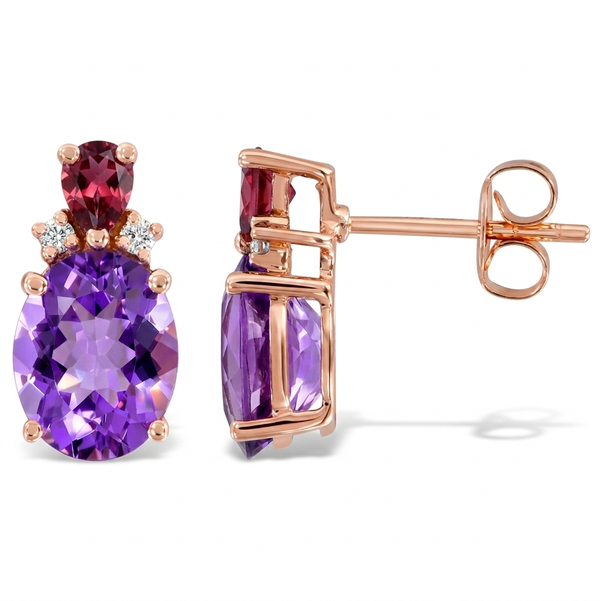 Closeup photo of 14K ROSE GOLD DIAMOND, RHODOLITE AND AMETHYST EARRING