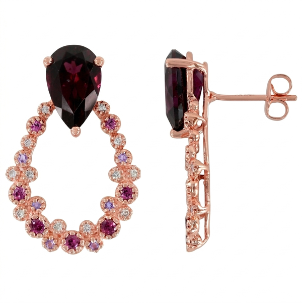 Closeup photo of 14K ROSE GOLD DIAMOND, AMETHYST AND RHODOLITE EARRING