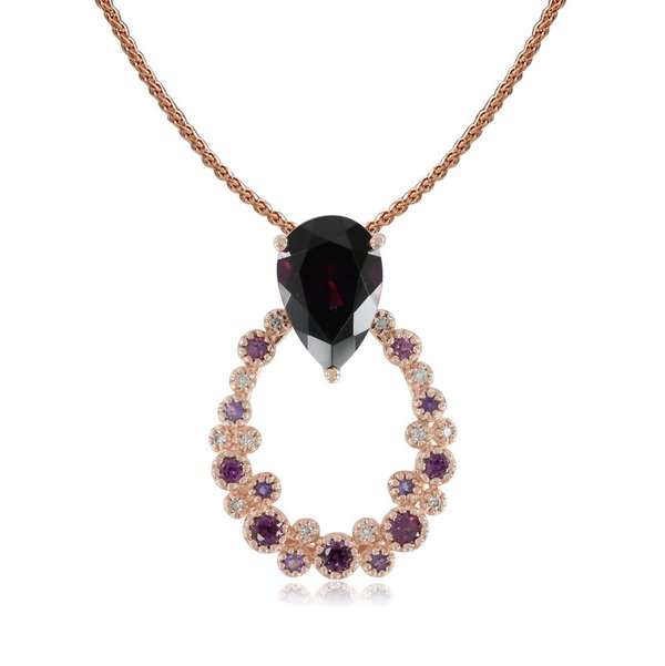 Closeup photo of 14K ROSE GOLD DIAMOND, AMETHYST AND RHODOLITE PENDANT WITH CHAIN