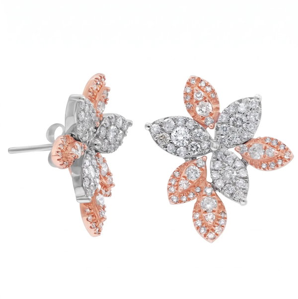 Closeup photo of 14K WHITE AND ROSE GOLD DIAMOND FLOWER EARRING
