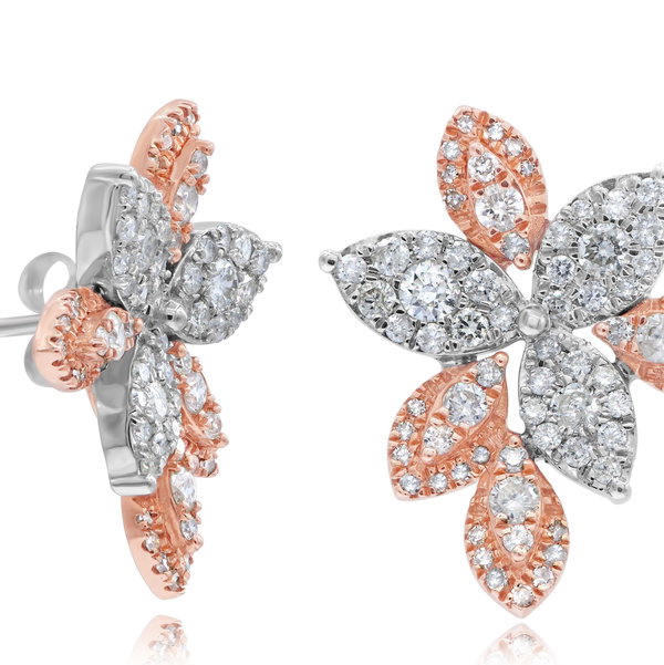Closeup photo of 14K WHITE AND ROSE GOLD DIAMOND FLOWER EARRING