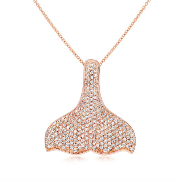 Closeup photo of 14K ROSE GOLD DIAMOND WHALE TAIL PENDANT WITH CHAIN