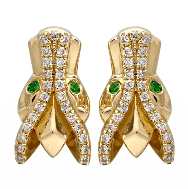 Closeup photo of 14K YELLOW GOLD TSAVORITE AND DIAMOND DRAGON EARRING