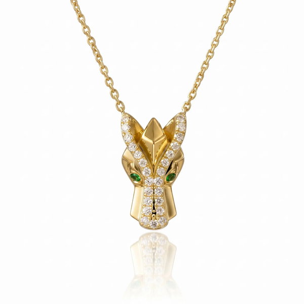 Closeup photo of 14K YELLOW GOLD TSAVORITE AND DIAMOND DRAGON NECKLACE
