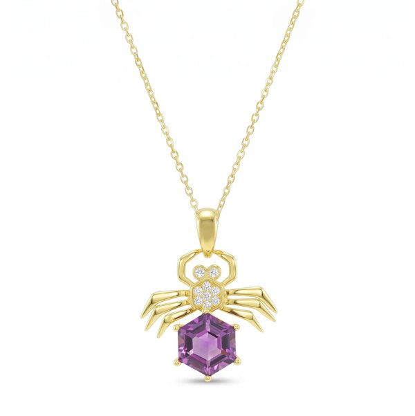Closeup photo of 14K YELLOW GOLD DIAMOND AND AMETHYST SPIDER PENDANT WITH CHAIN