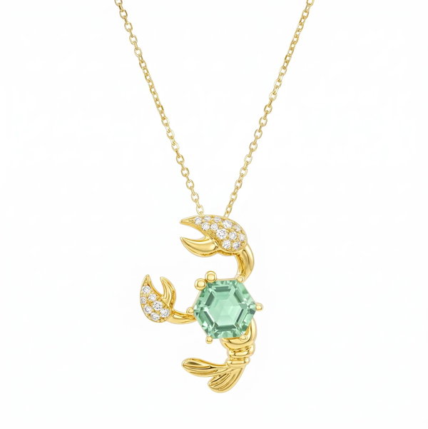 Closeup photo of 14K YELLOW GOLD DIAMOND AND GREEN AMETHYST LOBSTER PENDANT WITH CHAIN