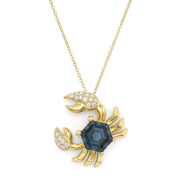 Closeup photo of 14K YELLOW GOLD DIAMOND AND LONDON BLUE TOPAZ CRAB PENDANT WITH CHAIN
