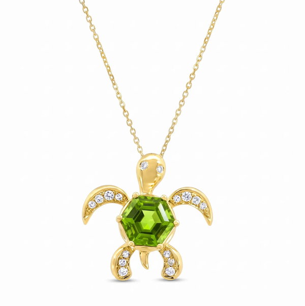 Closeup photo of 14K YELLOW GOLD DIAMOND AND PERIDOT TURTLE PENDANT WITH CHAIN