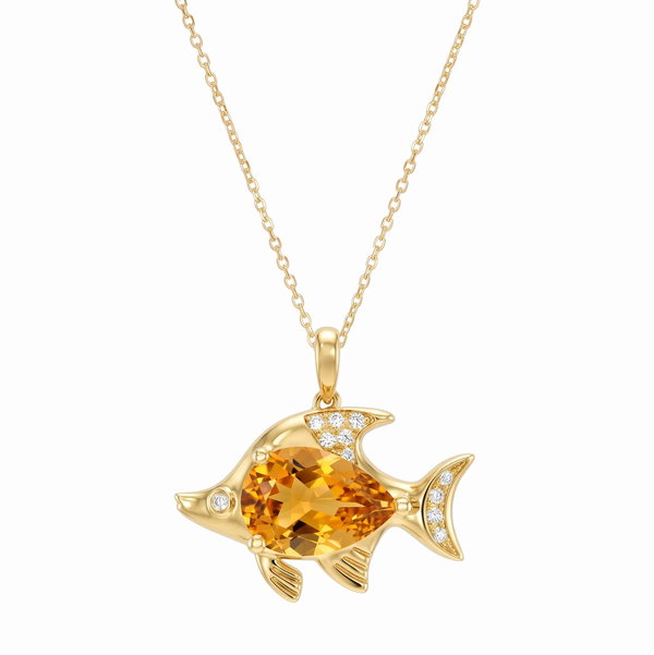 Closeup photo of 14K YELLOW GOLD DIAMOND AND CITRINE FISH PENDANT WITH CHAIN