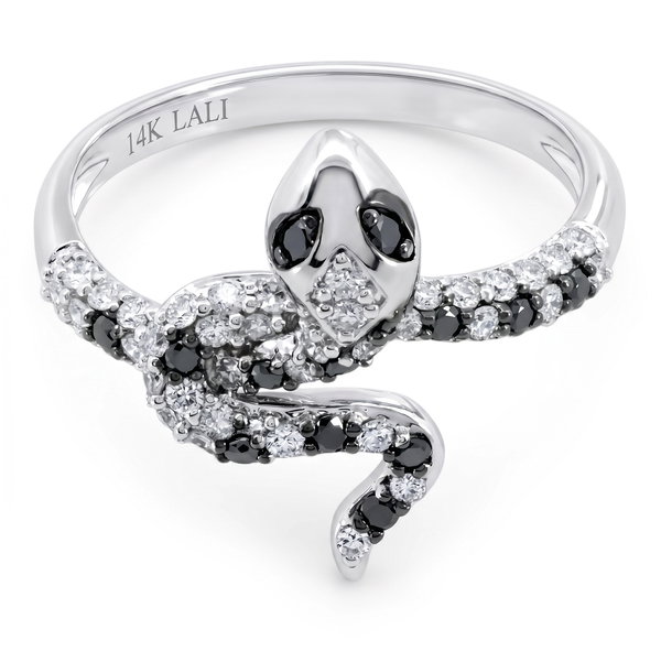 Closeup photo of 14K WHITE GOLD DIAMOND AND TREATED BLACK DIAMOND SNAKE RING