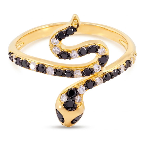 Closeup photo of 14K YELLOW GOLD DIAMOND AND TREATED BLACK DIAMOND SNAKE RING