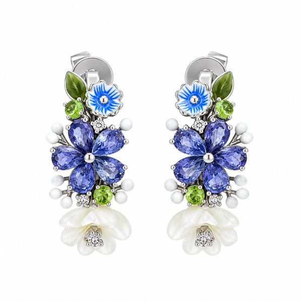 Closeup photo of 14K WHITE GOLD DIAMOND, TSAVORITE, WHITE SAPPHIRE, SAPPHIRE AND WHITE MOTHER OF PEARL FLOWER ENAMEL EARRING
