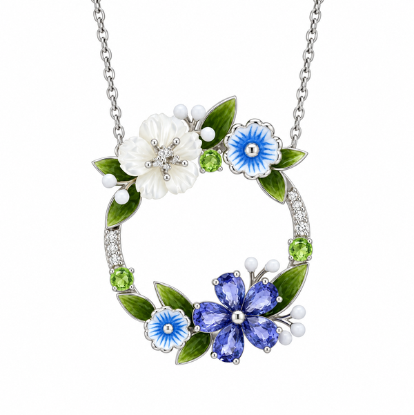 Closeup photo of 14K WHITE GOLD DIAMOND, TSAVORITE, WHITE SAPPHIRE, SAPPHIRE AND WHITE MOTHER OF PEARL FLOWER ENAMEL NECKLACE