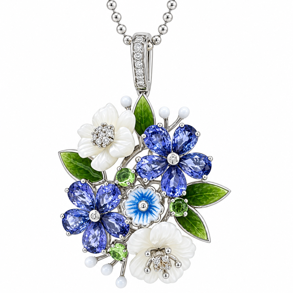 Closeup photo of 14K WHITE GOLD DIAMOND, TSAVORITE, WHITE SAPPHIRE, SAPPHIRE AND WHITE MOTHER OF PEARL FLOWER ENAMEL PENDANT