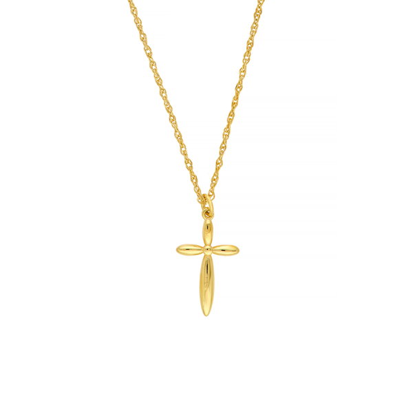 Closeup photo of 14K YELLOW GOLD SO YOU SMALL PUFFY CROSS PENDANT WITH CHAIN