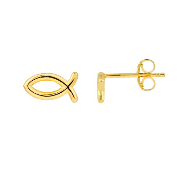 Closeup photo of 14K YELLOW GOLD ICHTHYS FISH STUD EARRING