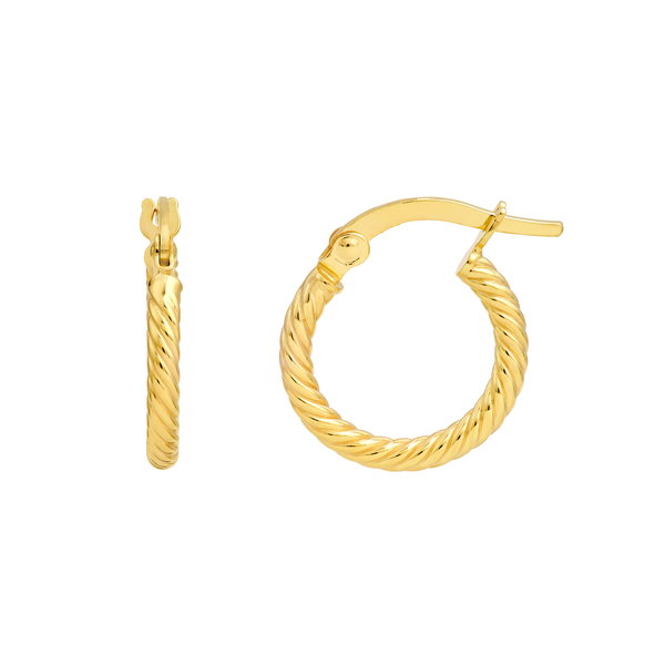 Closeup photo of 14K YELLOW GOLD 10MM TWISTED ROUND HOOP EARRING
