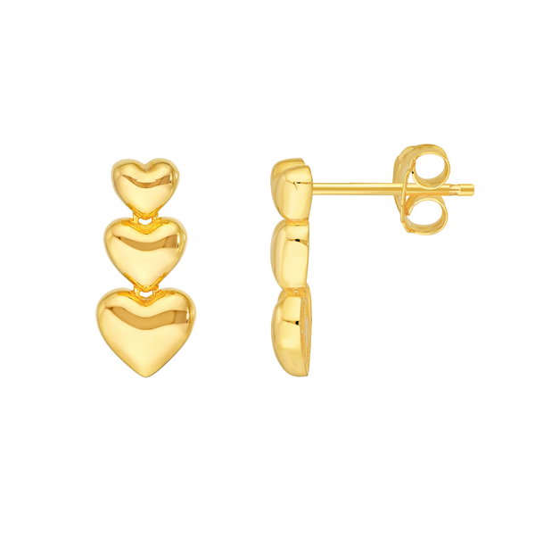 Closeup photo of 14K YELLOW GOLD GRADUATED PUFFY HEART DANGLE EARRING