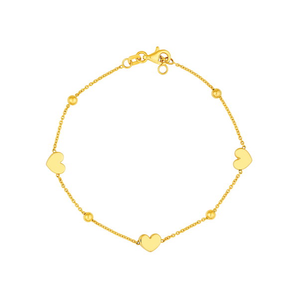 Closeup photo of 14K YELLOW GOLD HEART AND ROUND BEAD STATION BRACELET