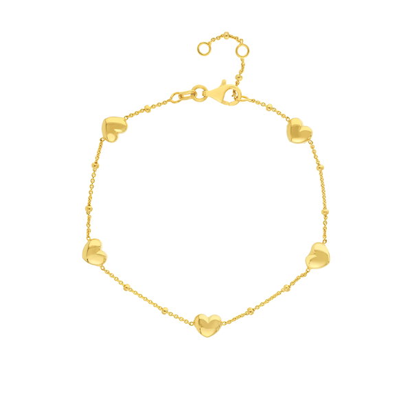 Closeup photo of 14K YELLOW GOLD PUFFED HEART STATIONS SATURN CHAIN BRACELET