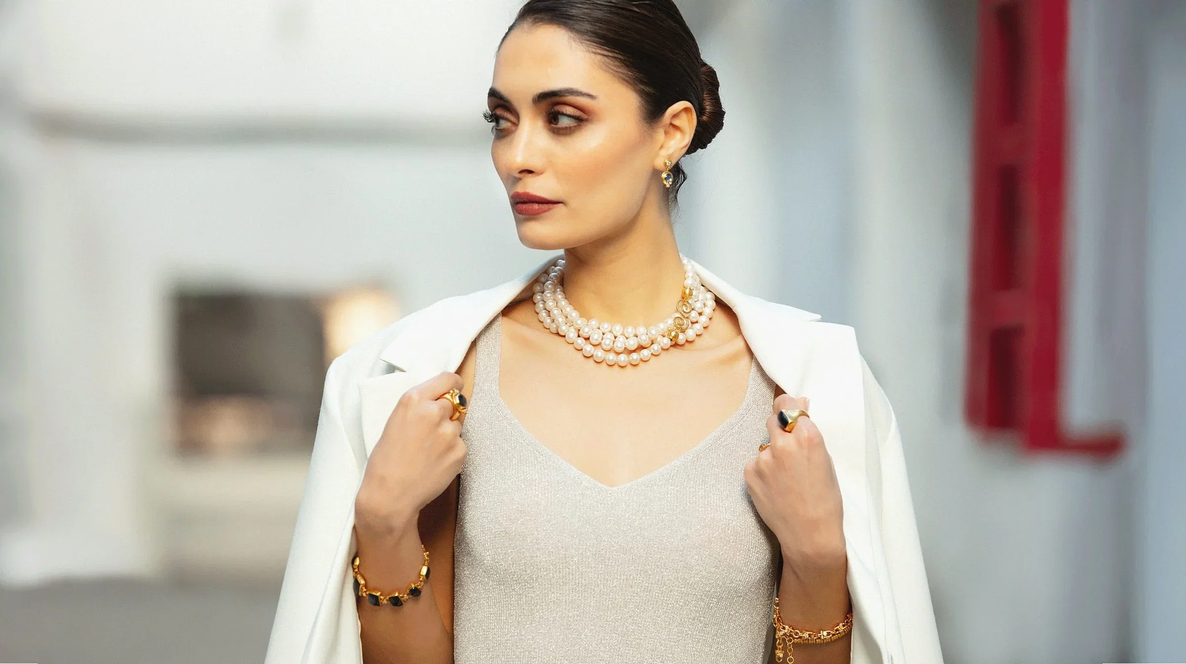 Image of Pearl Necklace and Gold Jewelry Luxury Styling