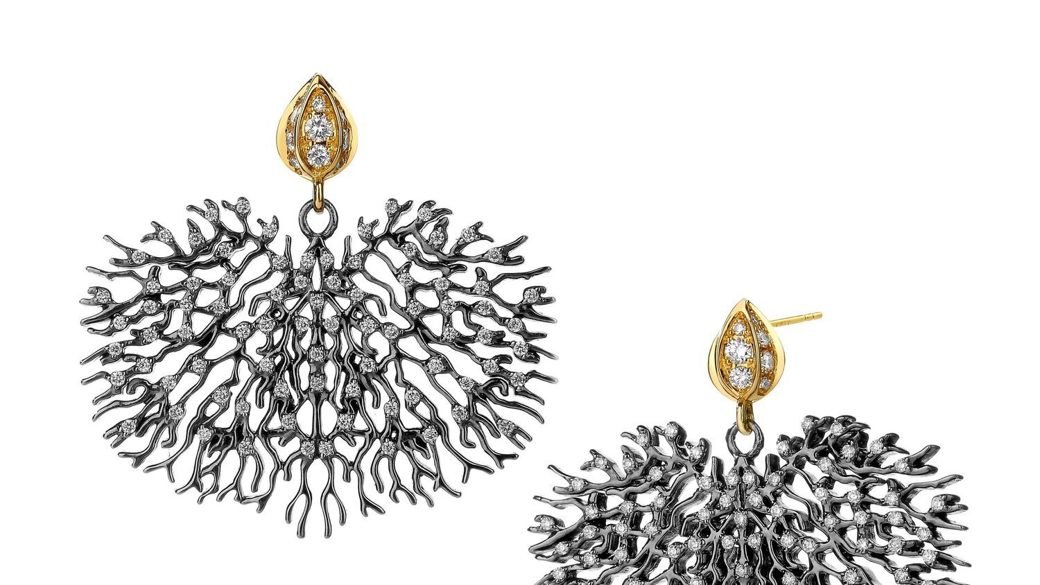 18KYG OXIDIZED SILVER BLACK CORAL REEF EARRINGS WITH CHAMPAGNE DIAMONDS