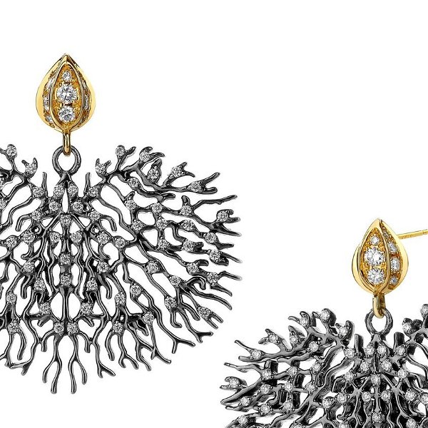 Closeup photo of 18KYG OXIDIZED SILVER BLACK CORAL REEF EARRINGS WITH CHAMPAGNE DIAMONDS