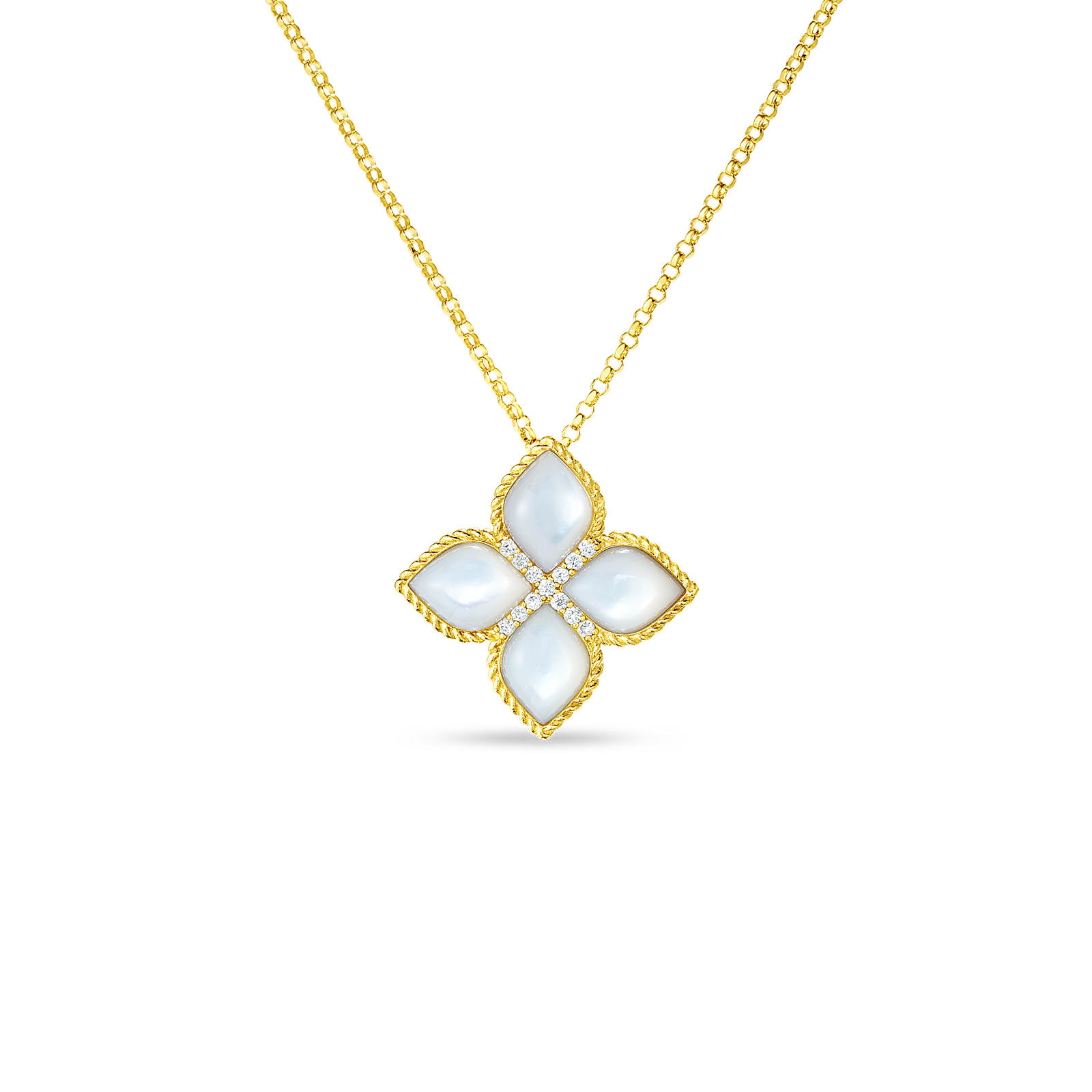 Venetian Princess Large Flower Pendant Necklace 18K Gold with Diamonds and Mother of Pearl