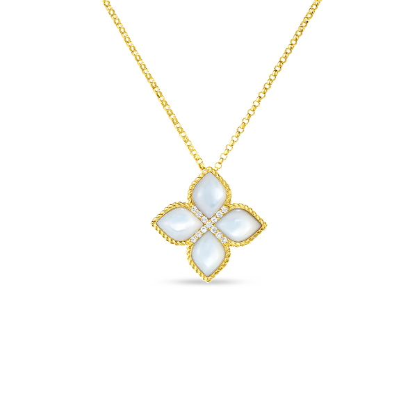 Closeup photo of Venetian Princess Large Flower Pendant Necklace 18K Gold with Diamonds and Mother of Pearl