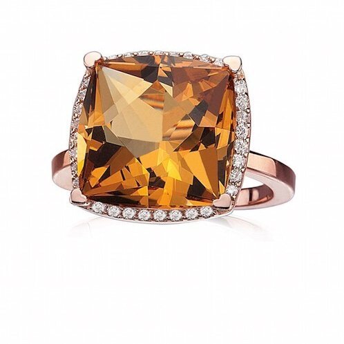 Closeup photo of 18Kt RG ring with a 13mm Cushion Citrine and Diamonds