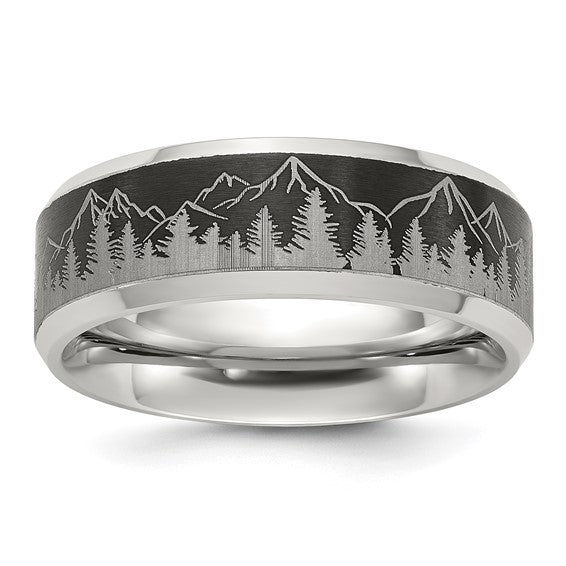 Chisel Stainless Steel Brushed Center with Laser Design Mountains 8mm Ring Chisel Stainless Steel Brushed Center with Laser Design Mountains 8.5mm Ring