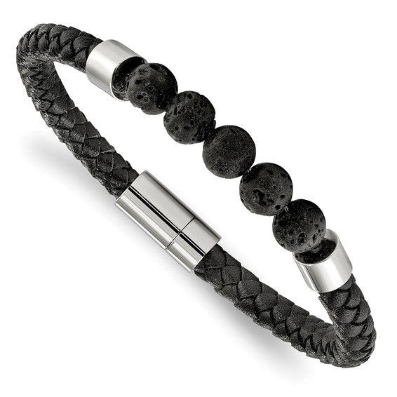 This bracelet features distinctive lava rock beads, each with a unique, porous texture that exudes a raw, earthy allure. These natural volcanic stones are renowned not just for their beauty, but also for their grounding properties, making them perfect for those who appreciate both aesthetics and a connection to nature.-Stainless Steel-Lava Rock-Size, 8.75"Item# 31348536 Lava Rock Black Leather Bracelet