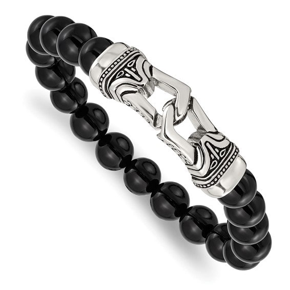 Polished Black Agate Beaded Stretch Bracelet