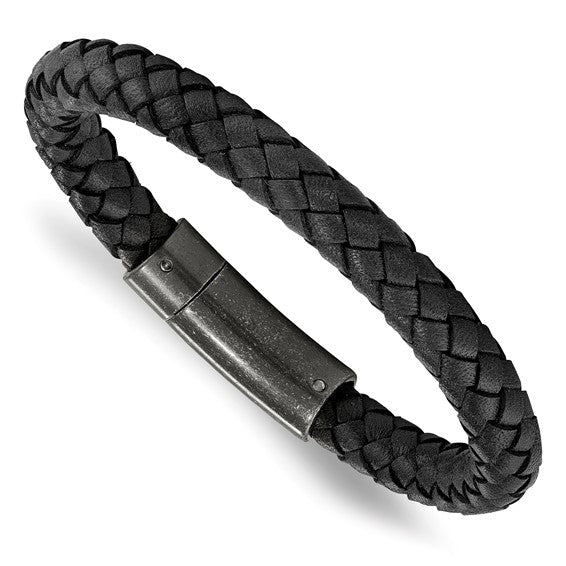 Introducing the Black Braided Leather Bracelet – an embodiment of timeless elegance and modern style. Meticulously crafted from high-quality genuine leather, this bracelet features an intricate braided design that exudes both sophistication and rugged charm. -Stainless Steel-Leather-Size, 8.25"Item# 53884472 Black Braided Leather Bracelet