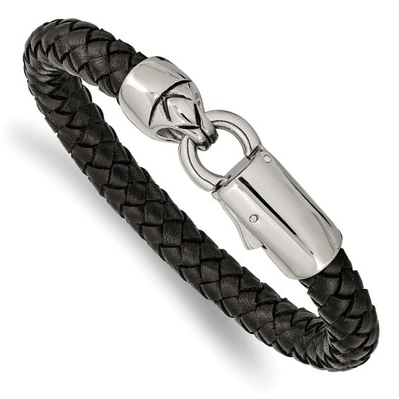 This rich black braided leather bracelet is intricately braided, creating a texture that is both rugged and refined. The supple leather ensures a comfortable fit, making it ideal for everyday wear or special occasions. Featuring a sleek stainless-steel clasp that not only provides a secure closure, but also adds a touch of modern sophistication to its overall design.-Stainless Steel-Leather-Size, 8.25" Item# 91141688 Black Braided Leather Bracelet