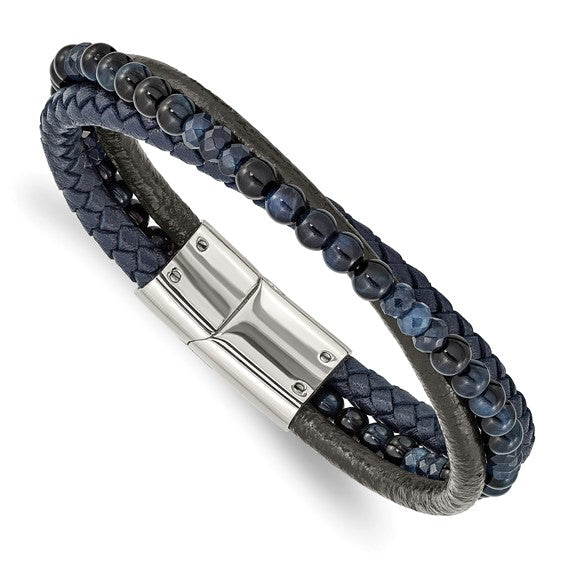 Elevate your style with this stunning Multi Strand Blue Chalcedony and Tiger's Eye Beaded Black and Blue Leather Bracelet, this exquisite piece seamlessly combines elegance and versatility. The soothing hues of blue chalcedony beads resonate with tranquility and calm, while the rich, earthy tones of tiger's eye bring depth and energy to the design. -Stainless Steel-Blue Chalcedony-Tiger's Eye-Leather-Size, 8.25"Item# 37631544 Multi Strand Blue Chalcedony and Tiger's Eye Beaded Black and Blue Leather Bracelet