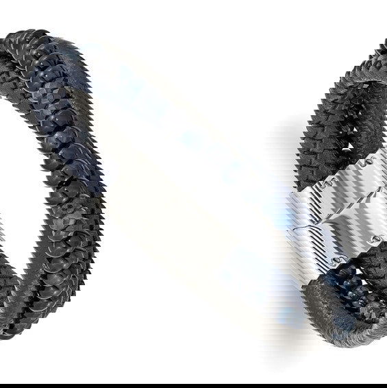Stainless Steel Polished Multi Strand Tiger's Eye and Black Agate Beaded Black Leather 8.25