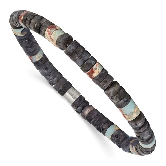 Introducing the Stainless Steel Brushed Shoushan and Black Spectrolite Beaded Stretch Bracelet, a captivating piece that seamlessly blends contemporary elegance with timeless craftsmanship. This bracelet is designed for those who appreciate the beauty of fine materials and meticulous design.-Stainless Steel-Shoushan-Black Spectrolite-Size, 7.5"Item# 52663608 Brushed Shoushan and Black Spectrolite Stretch Bracelet
