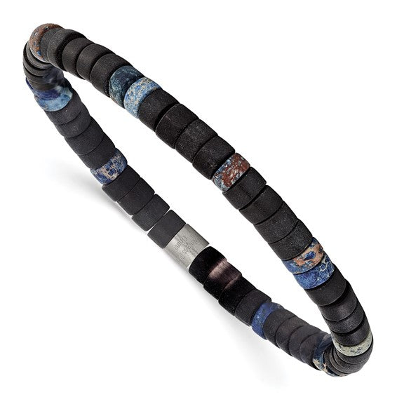 Introducing the Brushed Blue Sediment and Black Agate Beaded Stretch Bracelet—an exquisite accessory that effortlessly blends nature’s artistry with contemporary elegance. Carefully crafted to elevate your style, this stunning bracelet combines the calming hues of blue sediment stones with the timeless sophistication of black agate beads.-Stainless Steel-Blue Sediment-Black Agate-Size, 7.25"Item# 72520504 Brushed Blue Sediment and Black Agate Beaded Stretch Bracelet