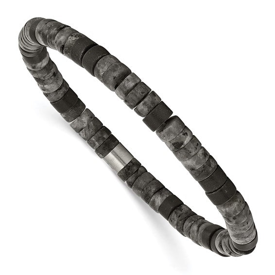 Ideal for those who appreciate the subtle blend of natural beauty and contemporary style, the Brushed Spectrolite and Black Agate Beaded Stretch Bracelet is more than just jewelry; it's a statement piece that embodies confidence. Treat yourself or a loved one to this exquisite accessory and let its mesmerizing charm inspire your day.-Stainless Steel-Spectrolite-Black Agate-Size, 7.25"Item# 86848056 Brushed Spectrolite and Black Agate Beaded Stretch Bracelet