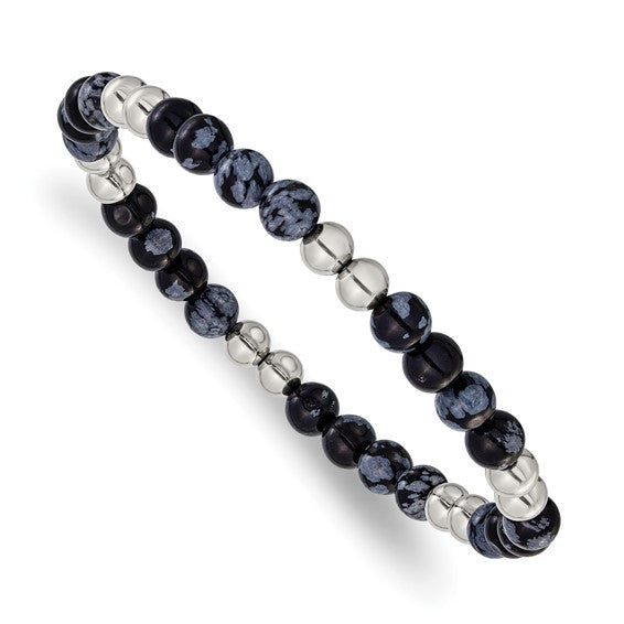 This Stainless Steel Polished Agate Stretch Bracelet is not just an accessory, but a statement piece that exudes confidence and grace. Ideal for those who appreciate the intersection of luxury and practicality, this bracelet is perfect for daily wear or special occasions. Elevate your jewelry collection with the understated elegance of this exquisite piece.-Stainless Steel-Black & Grey Synthetic Agate-Size, 7.75"Item# 10646584 Black and Grey Agate Stretch Bracelet
