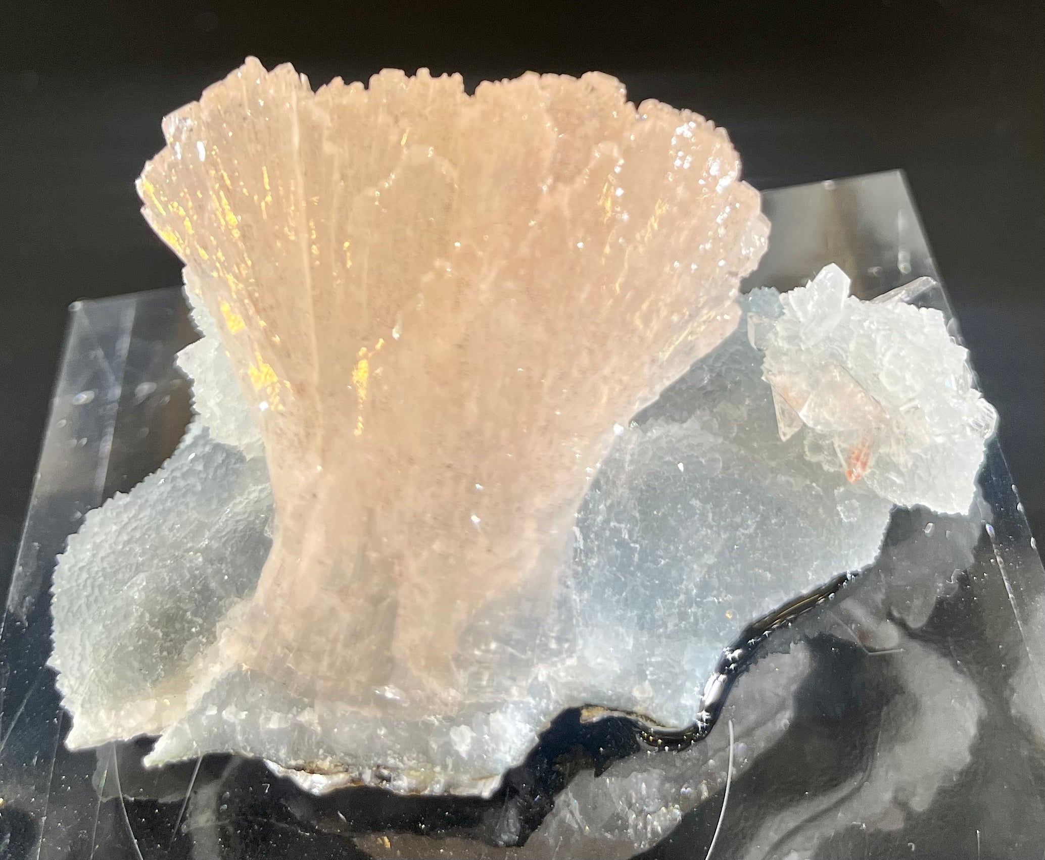 This natural specimen features a beautiful combination of Chalcedony and Heulandite crystals. The Heulandite, a form of Zeolite, presents as a unique floating crystal within the Chalcedony base. With its stunningly intricate pattern, it makes a perfect addition to any collection.Region- Jalgaon District, Maharashtra, IndiaApprox. 1 5/8"H x 2 3/4"W Heulandite on Chalcedony Mineral Specimen