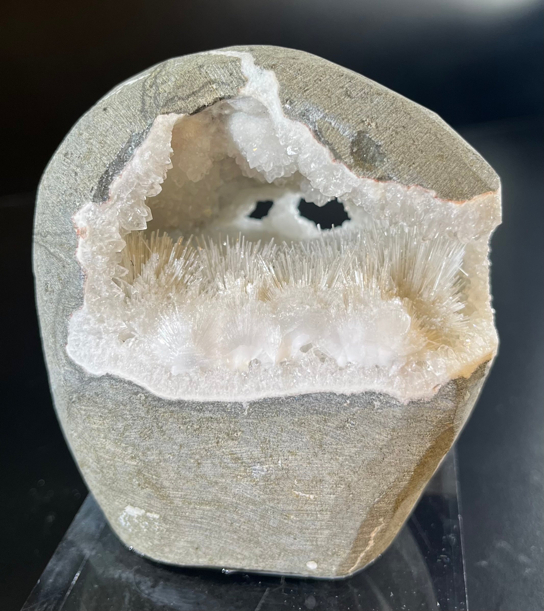 Region-Â Nashik, Maharashtra, IndiaApprox. 3 11/16" x 3 1/8" Natrolite Sprays In Chalcedony Geode Mineral Specimen