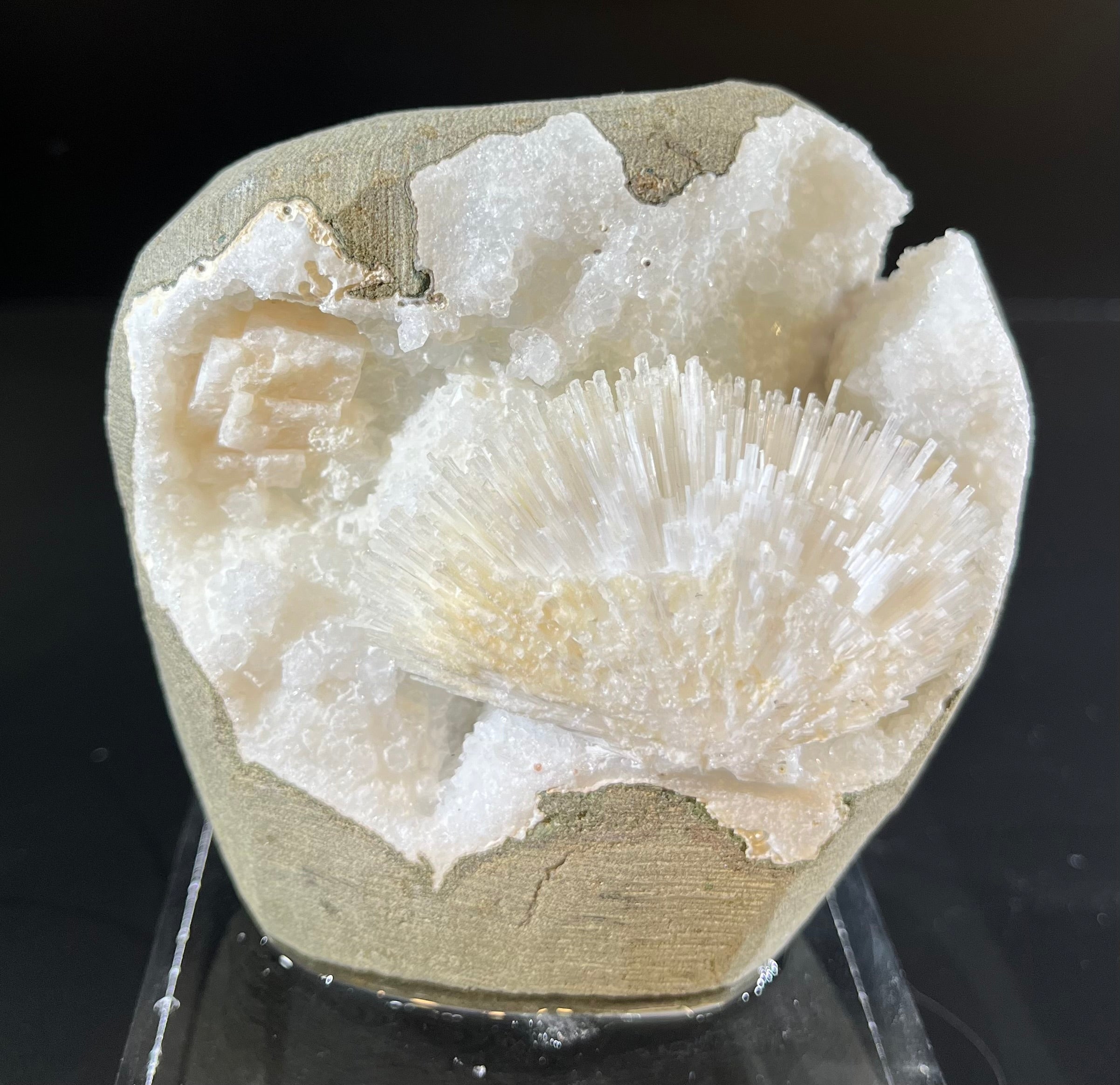 Region-Â Nashik, Maharashtra, IndiaApprox. 3 1/2"H x 3 1/4"W Natrolite Sprays In Chalcedony Geode Mineral Specimen