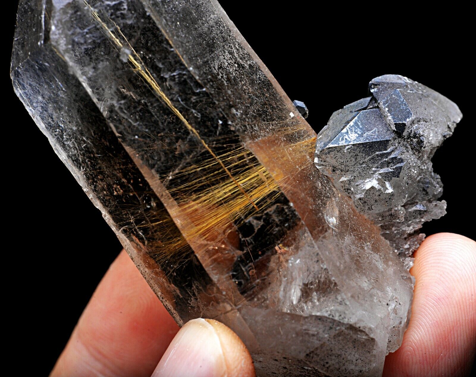 Natural Clear Rutilated Skeletal Smoky Quartz Crystal Specimen Region: Brazil94gApprox. 4" x 2 1/4" (with stand)Approx. 3" x 1 1/4" (without stand) Natural Clear Rutilated Skeletal Smoky Quartz Crystal Specimen