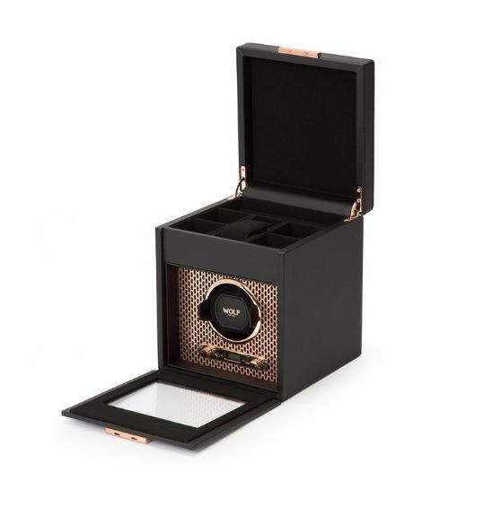 Wolf's Axis single watch winder with storage in copper will keep your best watch wound and ready to tick all day. The modern black and copper finishing will make your classic timepiece pop on display, while offering some storage for links, bands etc.-Leather-Copper-Item# 001-799-00981 Single Watch Winder