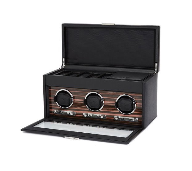 Roadster triple watch winder with storage in ebony by Wolf. Perfect for a gentleman to keep three of his best watches fully charged up at all times.-Leather-Item# 001-799-00997 Triple Watch Winder