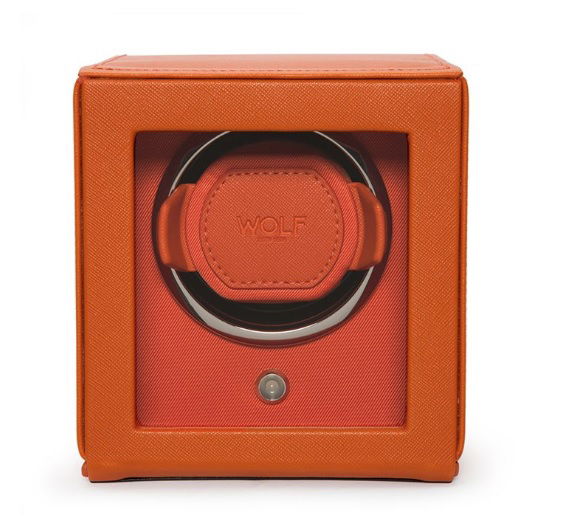 Wolf's Cub single watch winder in bright orange leather will keep your favorite watch fully charged for the day. The modern design will make any man's best piece pop on a shelf for all to see.-Leather-Item# 001-799-01001 Single Watch Winder