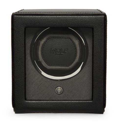 Cub black single watch winder by Wolf. Perfect for keeping your best automatic watch fully wound at all times.-Leather-Item# 001-799-01002 Single Watch Winder