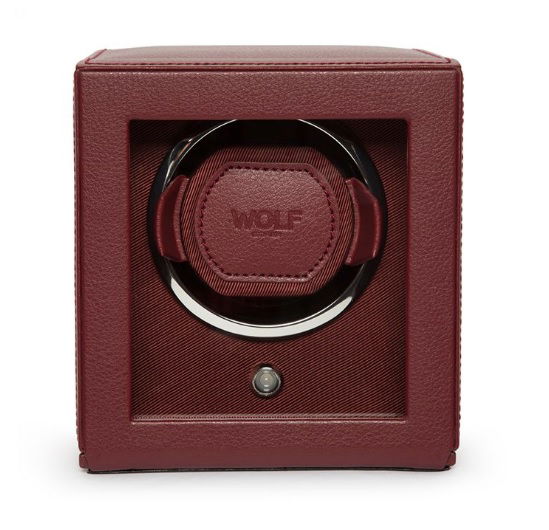 Cub single watch winder by Wolf in bordeaux. Perfect item to keep your best automatic watch fully wound at all times.-leather-Item# 001-799-01003 Single Watch Winder